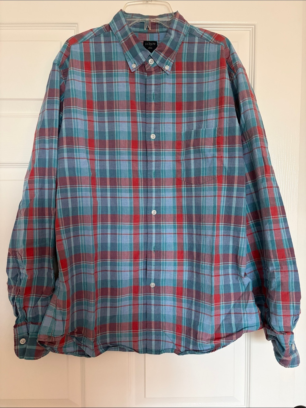 J. Crew Men’s Plaid Button-Down Shirt in Teal and Red